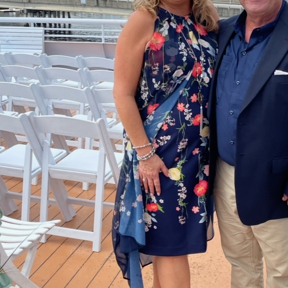 Roman, Navy Floral Chiffon Overlay Dress, Size 14 - Picture 14 of 15